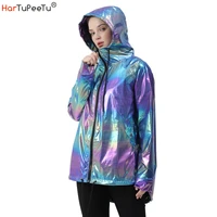 colourful long jacket girls sporty hooded coat 2022 spring autumn women waterproof laser party outer space tops