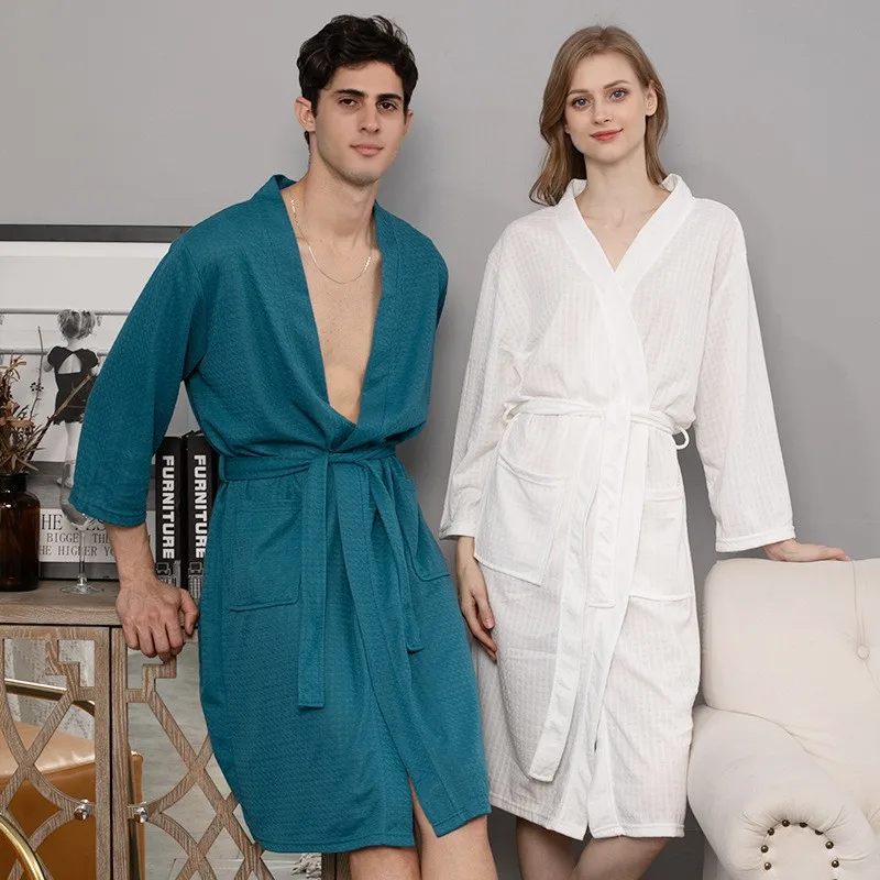 

New waffle bathrobe sauna clothes women's thin nightgown long couples home service hotel bathrobe men's