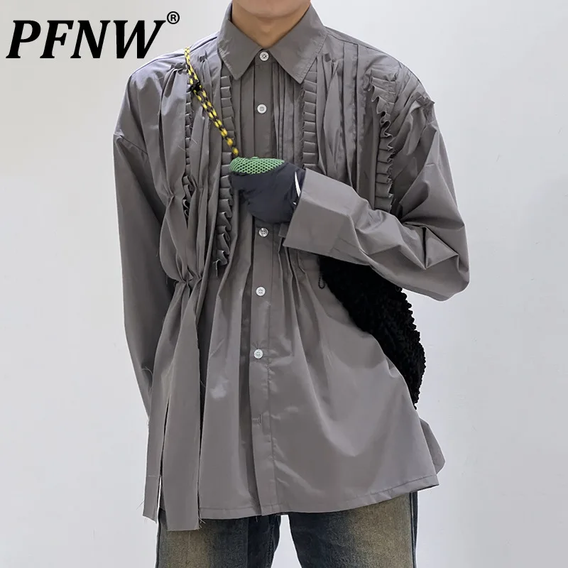 

PFNW Spring Autumn New Men's Solid Color Shirt Y2k Niche Design Irregular Versatile Long Sleeve Daily Street Casual Tops 28A3431