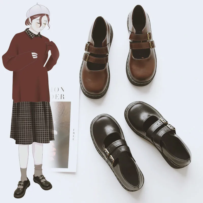 

Brown Shoes Women Fashion Buckle Strap Platform Oxford Leather Flats 2021 New Ladies Gothic Cute Loafers Lolita Mary Janes
