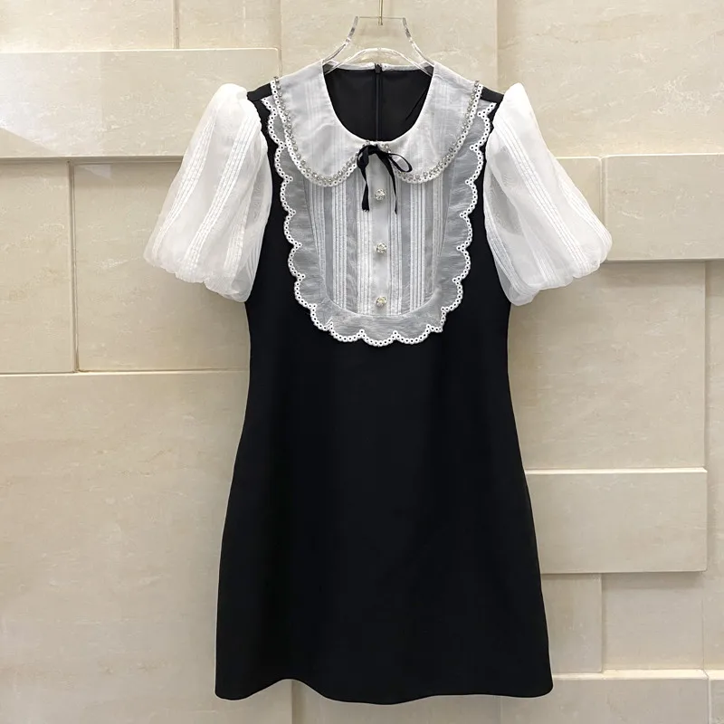 

Princess Doll Collar Beaded Bow Mini Dress French Palace Fashion Puff Sleeve Little Black Dress Celebrity Cute Girl Party Dress