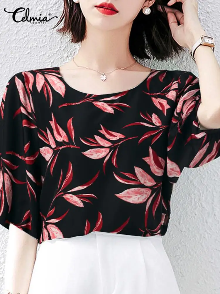 

Celmia 2022 Summer Fashion Loose Blusas Women Half Sleeve Blouse Elegant Floral Print Round Neck Shirt Casual Office Lady Tops