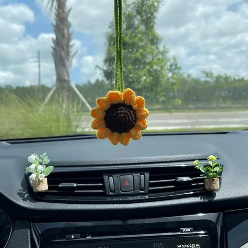 

Multipurpose Handmade Crochet Sunflower Car Rearview Mirror Decoration Charm Ornaments Auto Interior Accessories Car Decorative