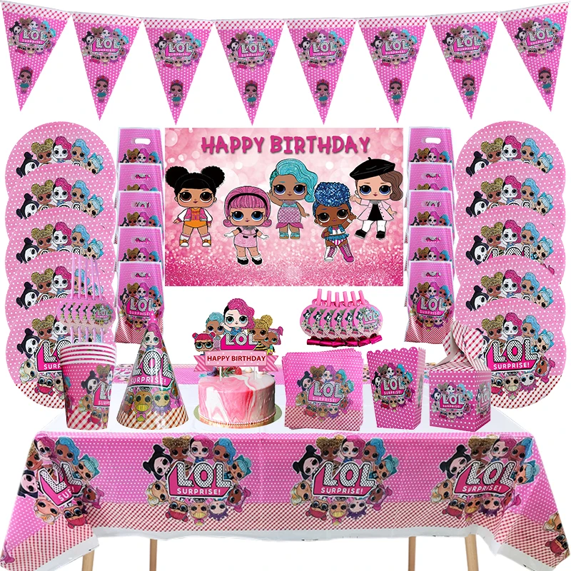 

Surprise Dolls Birthday Party Decorations Disposable Tableware Customizable Background Balloons Set Baby Shower Party Supplies