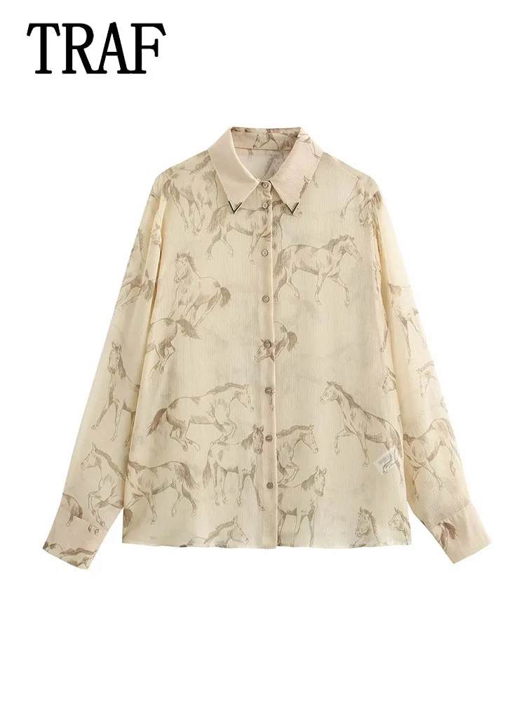 TRAF женская рубашка с принтом модная элегантная однобортная уличная длинными