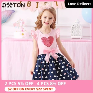 DXTON, одежда для девочек, новинка 2020 года, летнее платье для девочек, платье принцессы с летящим рукавом, с блестками и сердцем, повседневное детское платье