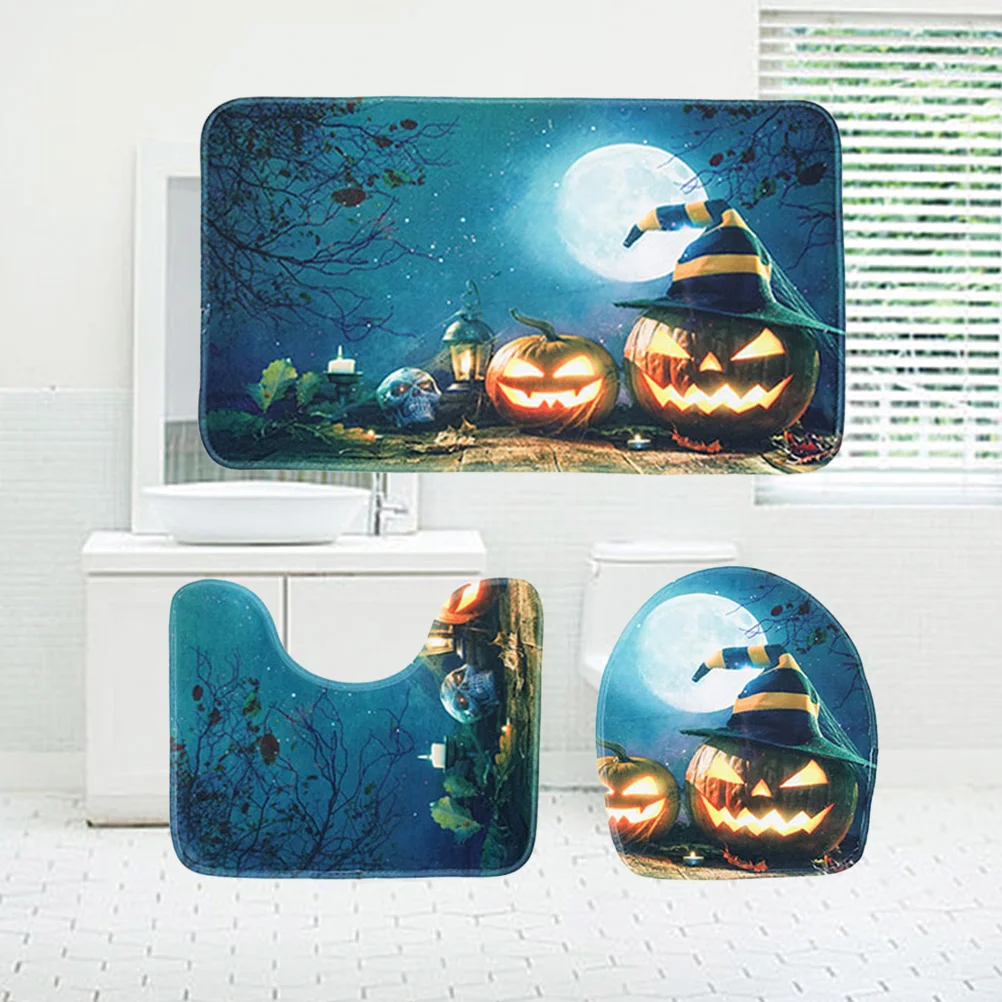 

3 in 1 Halloween Pumpkin Hat Pattern Bathroom Mat Set Antiskid Washroom Carpet Mat Toilet Seat Lid Cover