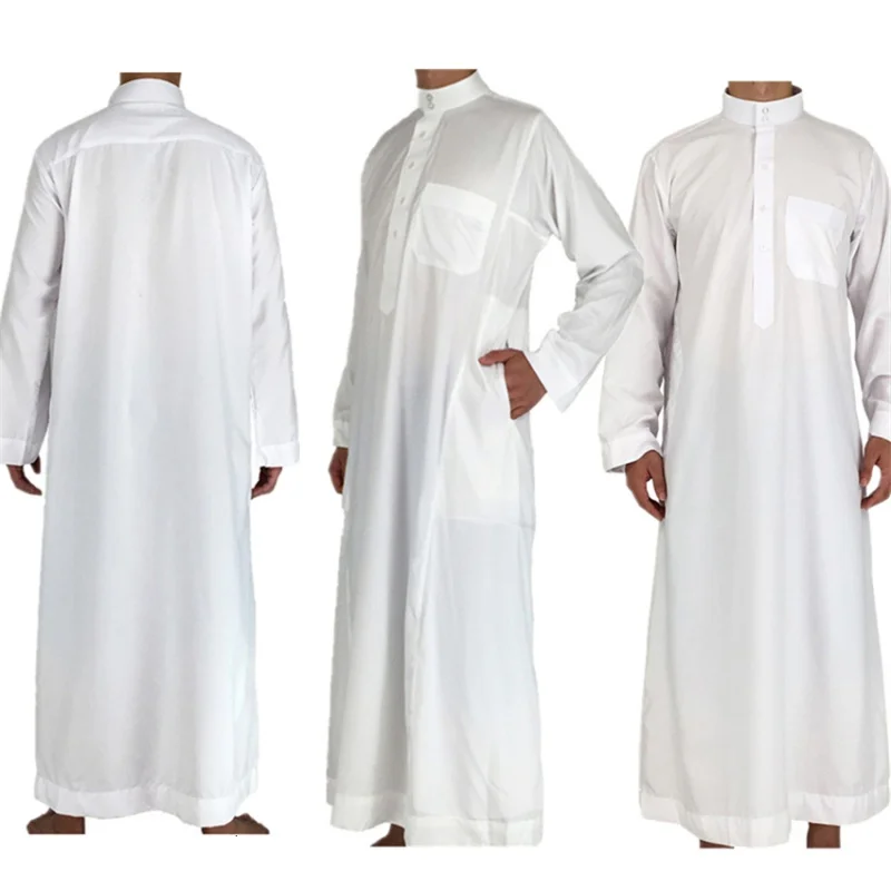 

White Long Sleeve Islamic Men Clothing Jubba Thobe Abaya Dubai Saudi Arabia Traditional Ramadan Kurta Eid Arab Robess