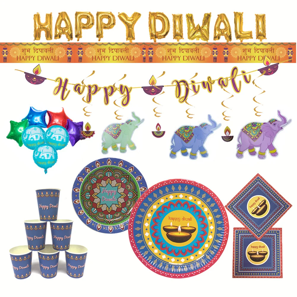 

Happy Diwali Party Decorations Diwali Themed Disposable Tableware Set Elephant Hanging Spiral Deepavali Decorations