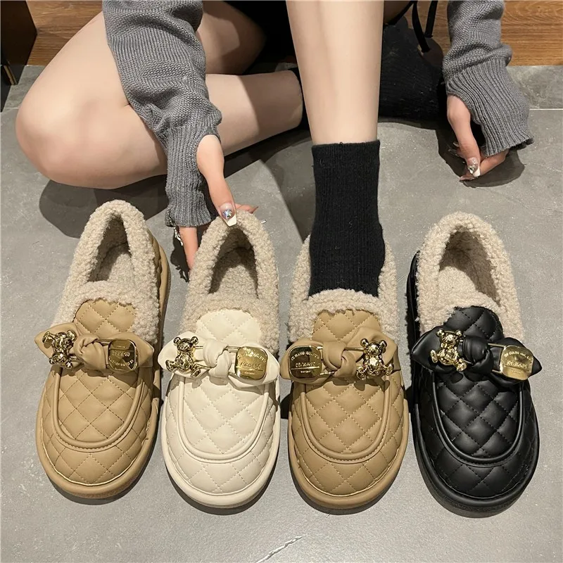 Bean shoes women 2023 new plus velvet warm snow boots lazy one pedal soft soles outside to wear cotton shoes