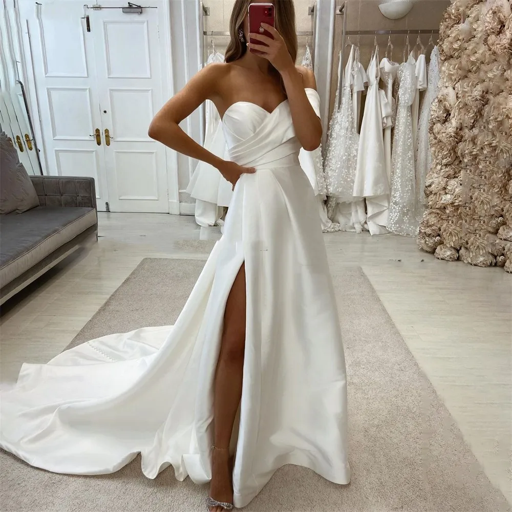 

Luxury Solid Wedding Dresses One Shoulder Side Slit Satin A-Line Evening Prom Dress Shiny Off Shoulder For Women Customizet Mea