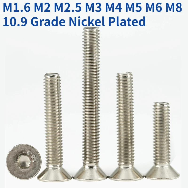 

M1.6 M2 M2.5 M3 M4 M5 M6 M8 10.9 Grade Carbon Steel Nickel Plated Countersunk Head Hex Hexagon Socket Screw Flat Head Allen Bolt