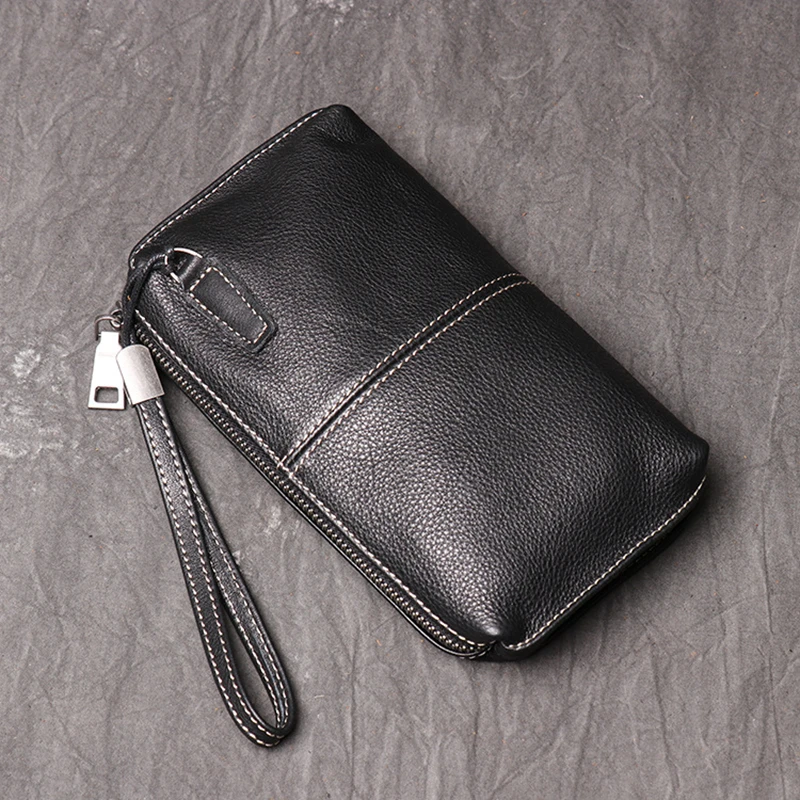 

Genuine Leather Men Long Wallets Solid Zipper Money Clip Simple Coin Purse For Male Card Holder Wrist Bags