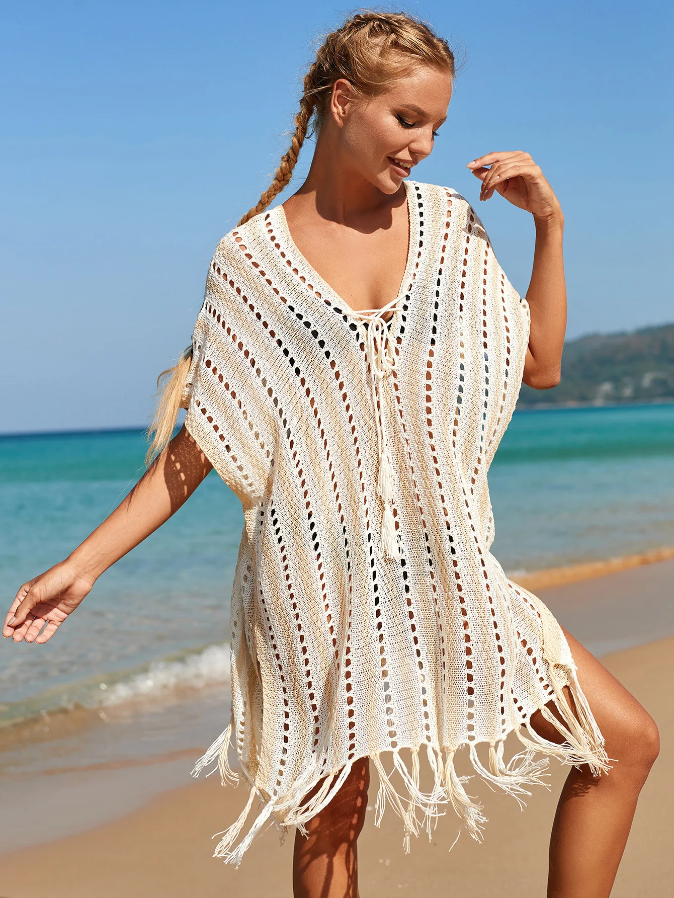 

NEW Knitted Beach Cover Up for Women White Beach Tunic Sexy Fringe Summer Sundress Holiday Casual Bikini Pareo Tassel Sea Outlet