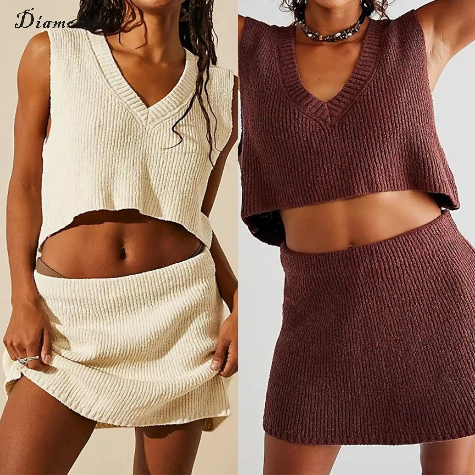 

Women Crochet Vest Top Skirt V Neck Ladies Knitted Mini Skirt Set Navel Exposed High Waist Casual Sexy Vacation Outfit