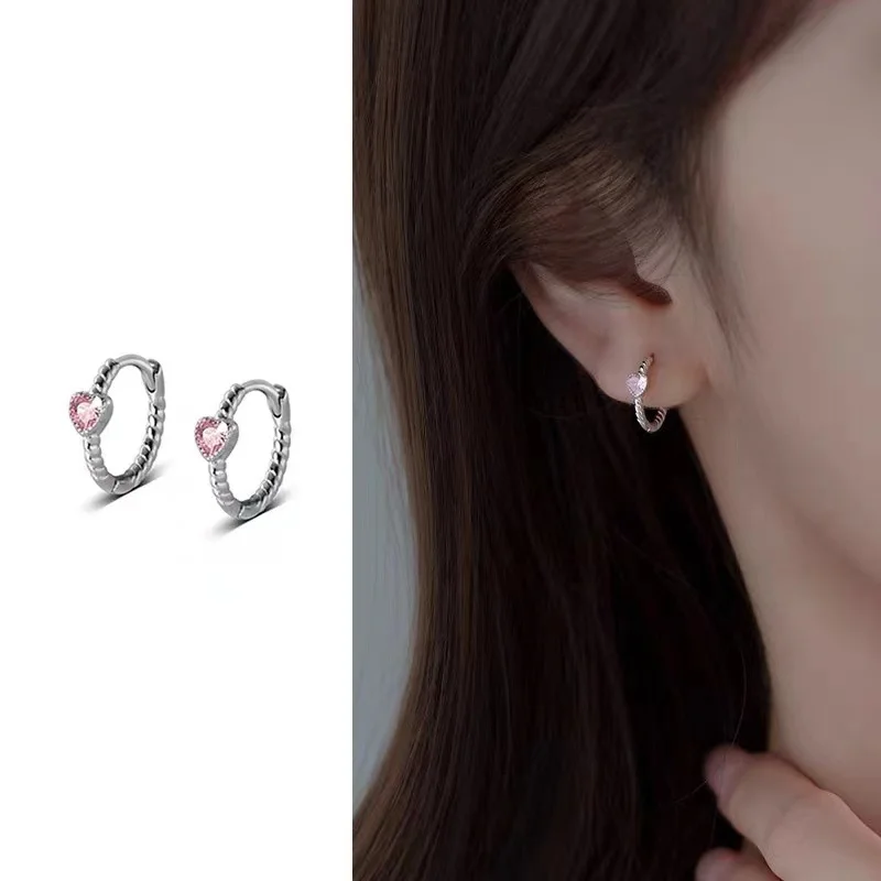 

Silver Color Simple Charming Hoop Earrings For Women Trendy Elegant Vintage SparklingPink LOVE Heart Zircon Jewelry