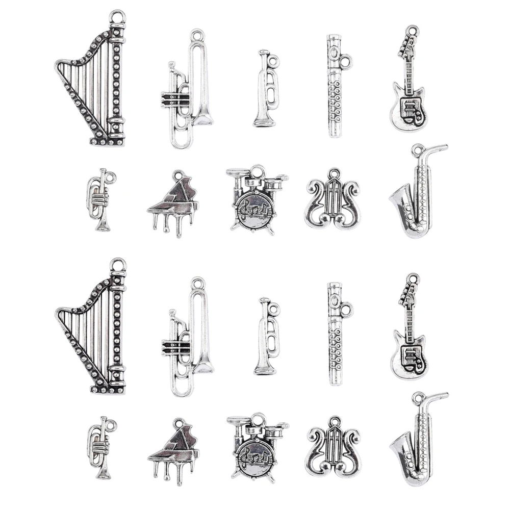 

100pcs Tibetan Music Charms Piano Guitar Harp Drum Charms Mixed Style Musical Instrument Charms for Jewelry Making Bracelets