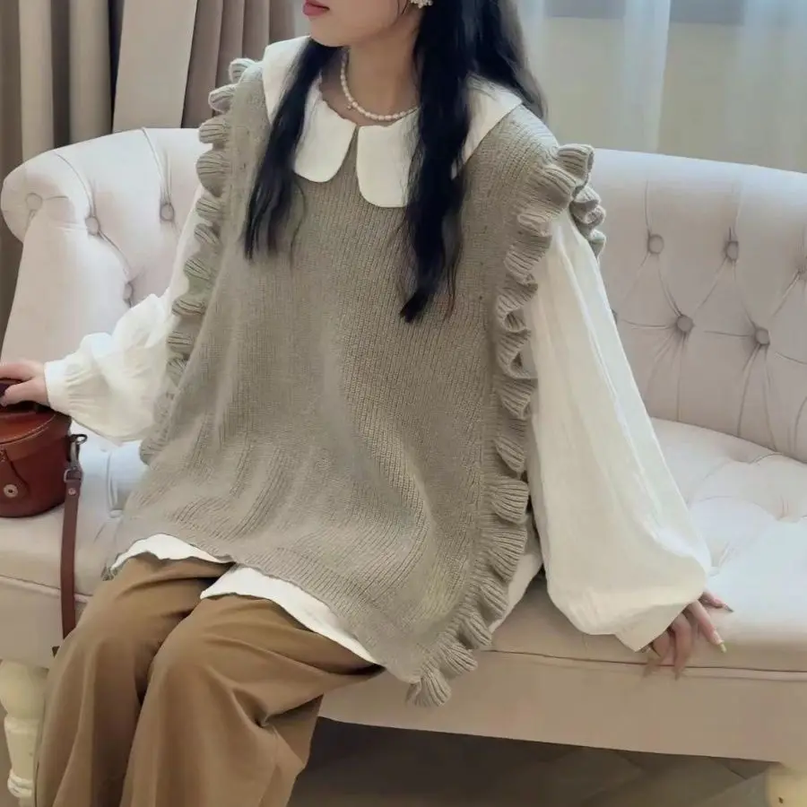 Вязаный свитер и жилет для женщин в студенческом стиле на весну осень без рукавов