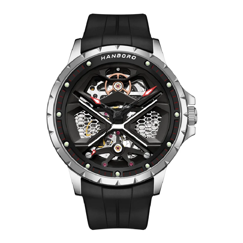 

HANBORO Men Luxury Watch 43MM Automatic Watches Mechanical Wristwatch 50m Waterproof Luminous Skeleton Dial Rubber Strap