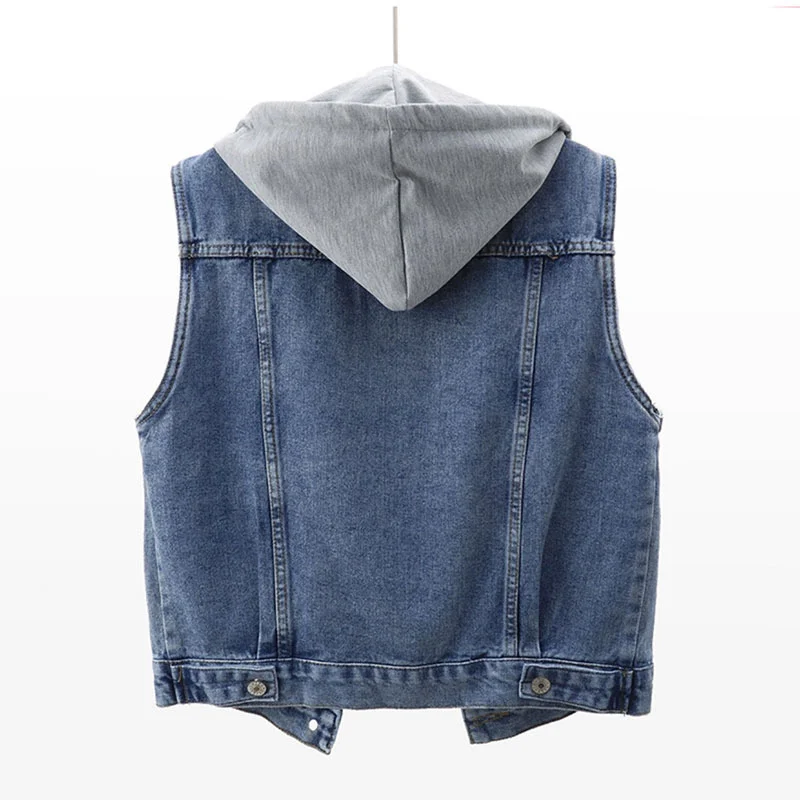 

Removable Vintage Hooded Denim Vest Women Waistcoat Diagonal Big Pocket Cowboy Sleeveless Jacket Slim Short Jeans Vests Female