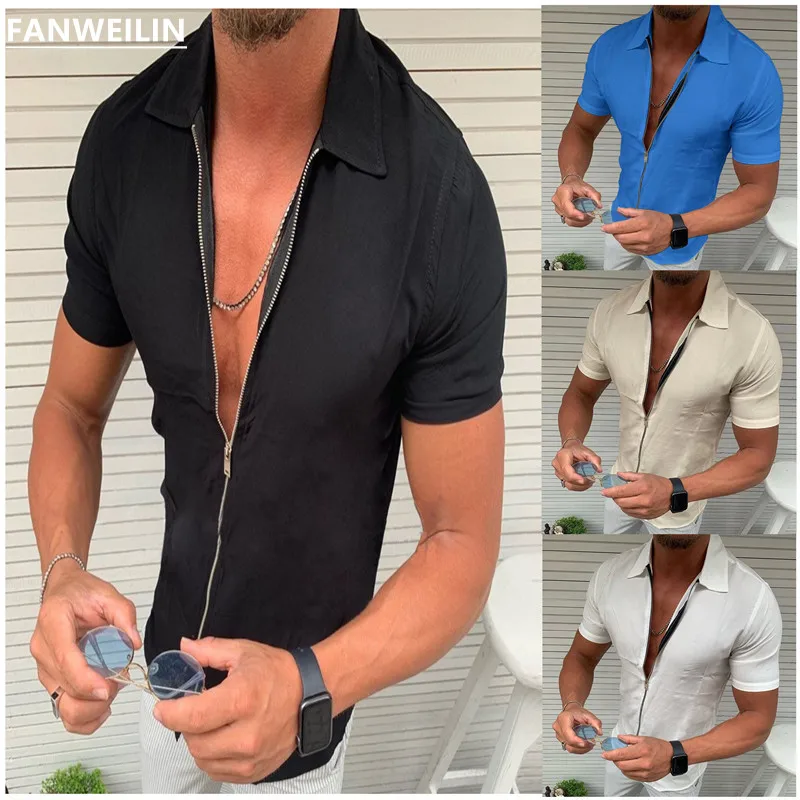 

FANWEILIN 2023Summer New Mens Black Hawaii Casual Shirts Trendyol Men Clothing Solid Color Zip Up Short Sleeve Shirt Ropa Hombre