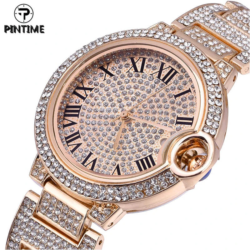 

PINTIME Quartz Watch Women Luxury Full Diamond Hip Hop Iced Out Watches Roman Numeral Ladies Wrist Watch Clock Female Wristwatch