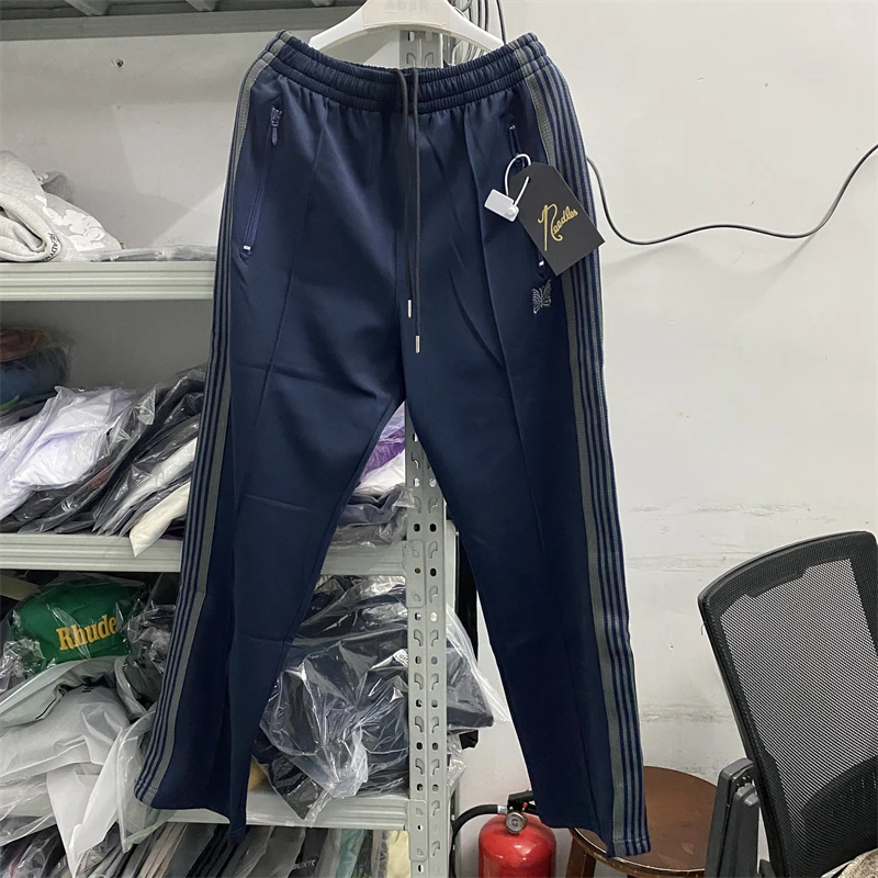 

New Dark Blue Needles AWGE Sweatpants Men Women Grey Stripe Butterfly Narrow Track Pants Trousers Clothing