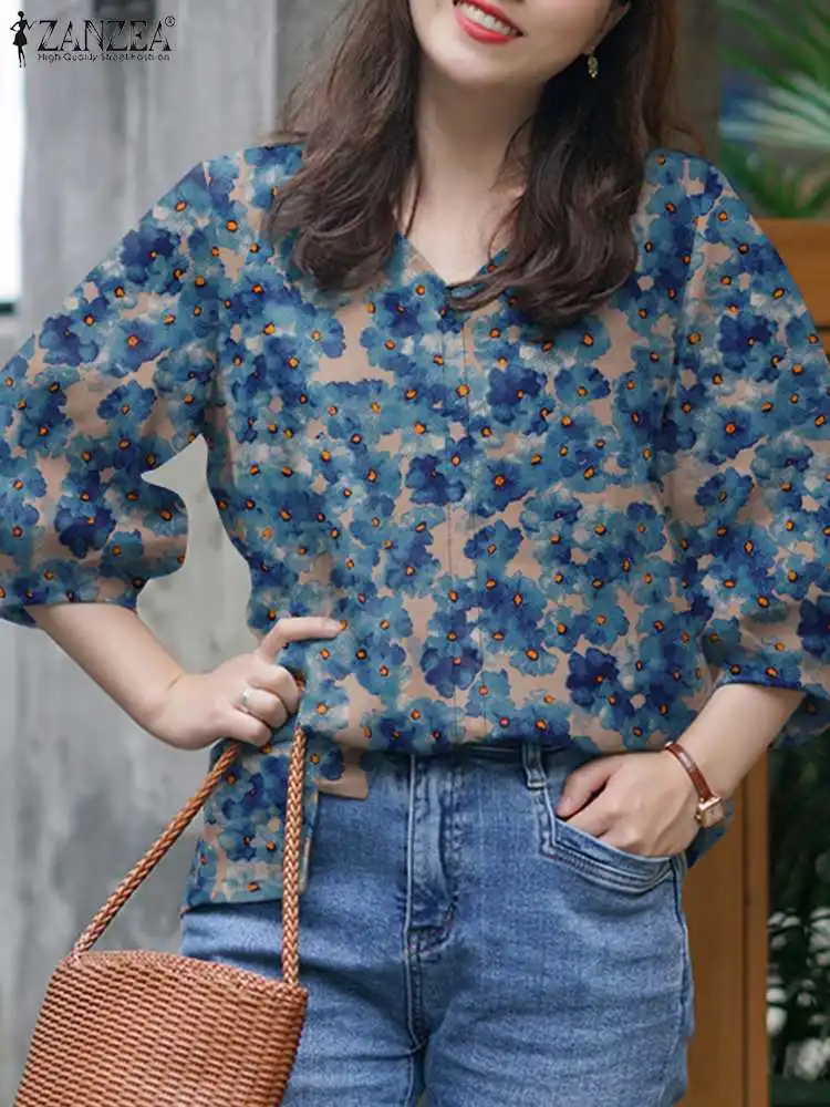 Женская богемная Весенняя рубашка ZANZEA с V-образным вырезом и рукавом 3/4