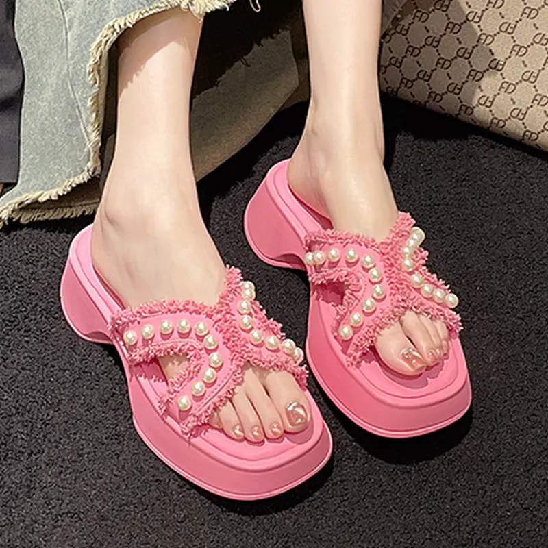 Women Pearl Slippers 2023 New Designer Fringe Slides Summer Shoes Woman Flat Beach Open Toed Slippers Chaussures Femme Ete