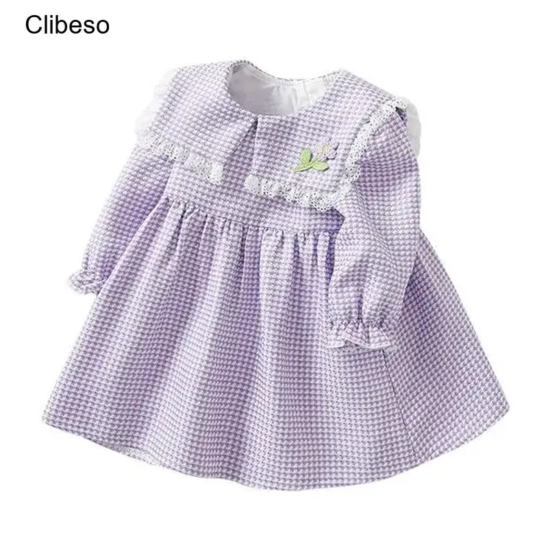 

2023 Clibeso Kids Girl Autumn Plaid Dress Children Princess Lavender Purple Preppy Style Cotton Dresses Infants Birthday Clothes