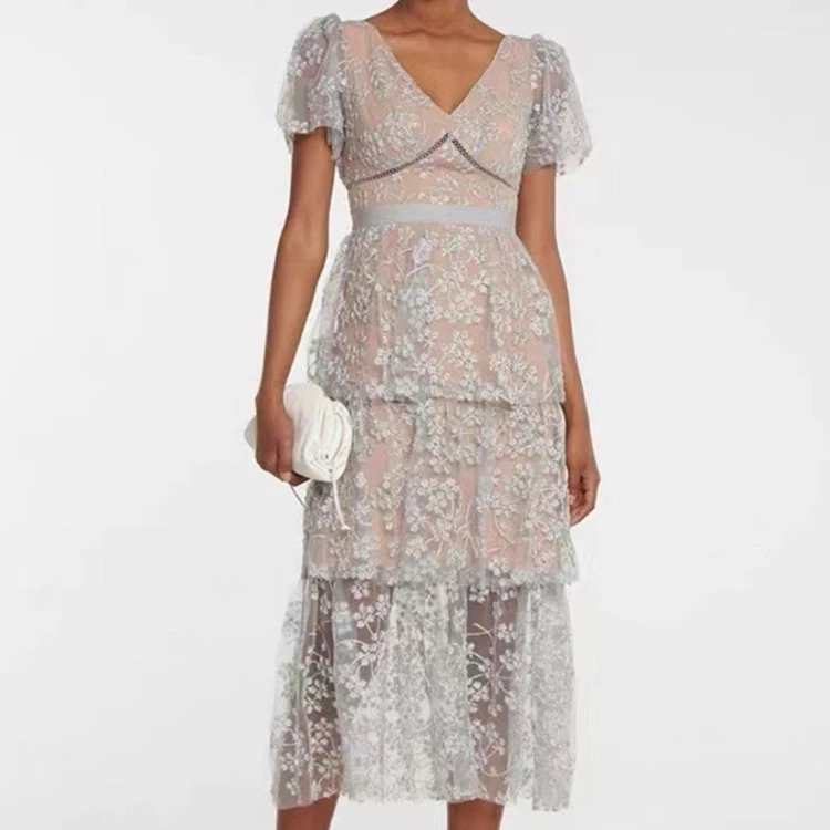 

Embroidery Sequins Women Mesh Midi Dress Sexy Deep V Short Sleeve Elastic Waist Ladies Robes
