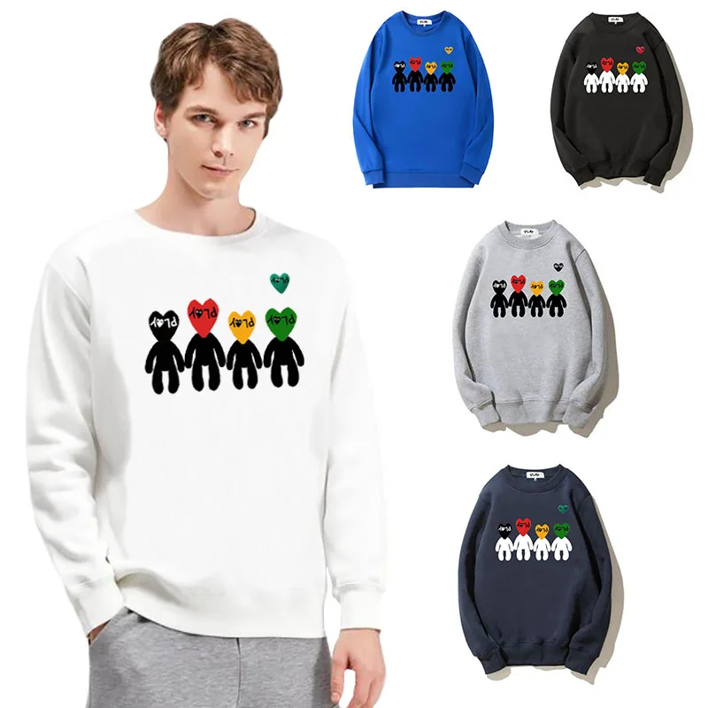 

PLAY Men Women O-neck Sweater Heart Letter Embroidery Cartoon Character Print Autumn Cotton Fleece Pullover Loose Sweater