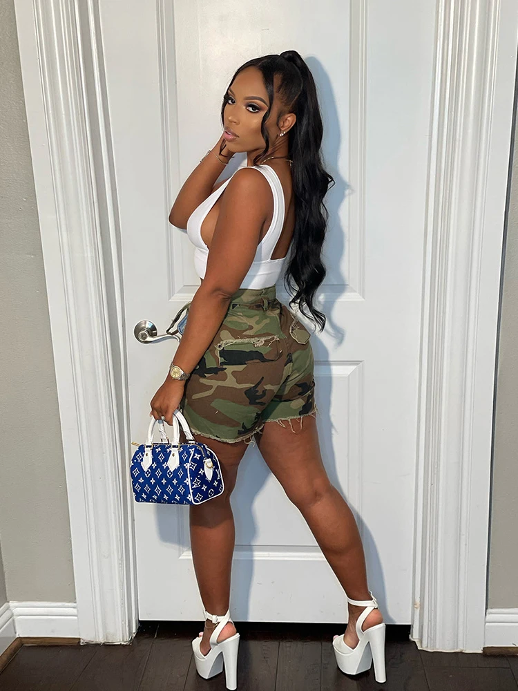 Simenual Streetwear Women Shorts Camouflage Pockets Ditsy Tassel Sexy Hollow Out Drawstring Fashion Summer Mujer Bottoms Casual