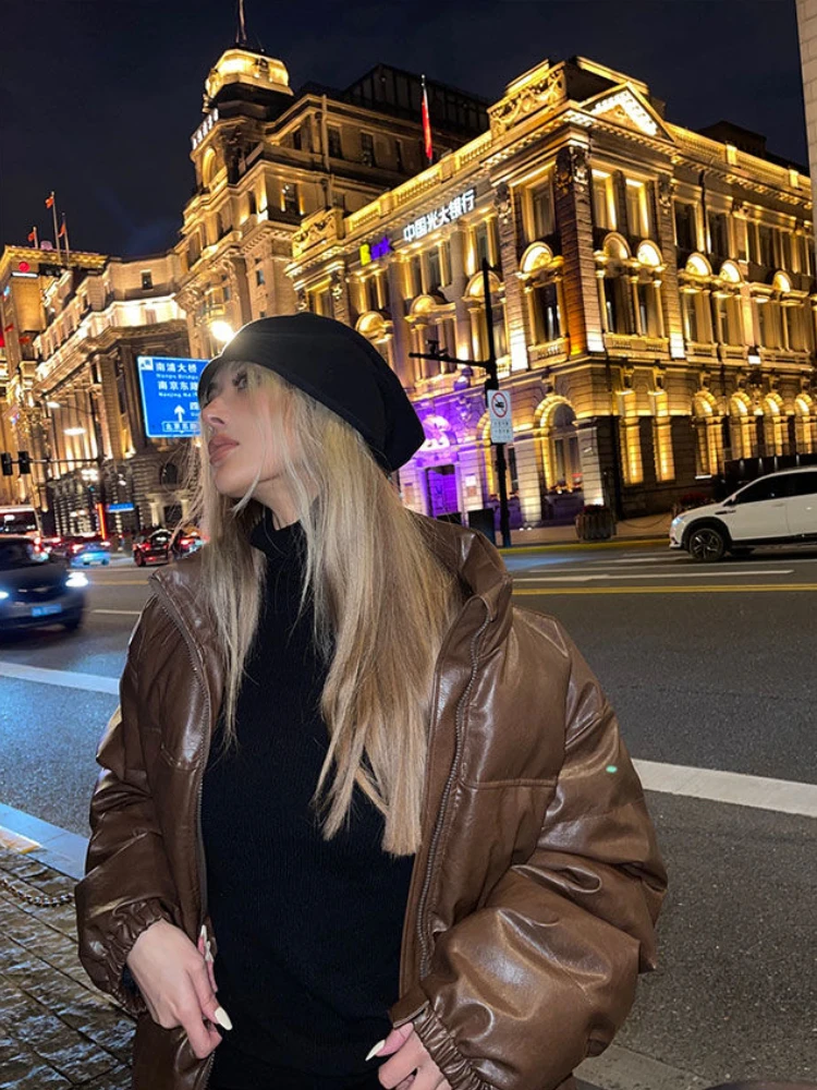 Winter Casual Stand Collar Thick Warm Brown Parka Women 2022 Fashion American Retro Zipper Cotton-padded Coats Casual Jackets
