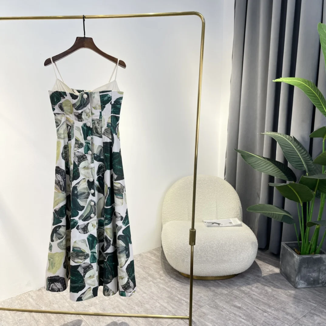 

Hand Painting Summer New Dress 2022 Top Quality Green Leaf Print Ladies Elegant Vintage Clothing