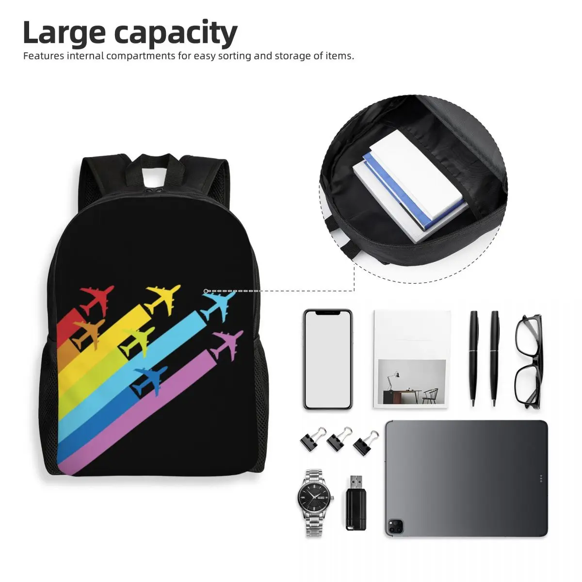 Рюкзак унисекс для ноутбука с радужными самолетами и дорожками