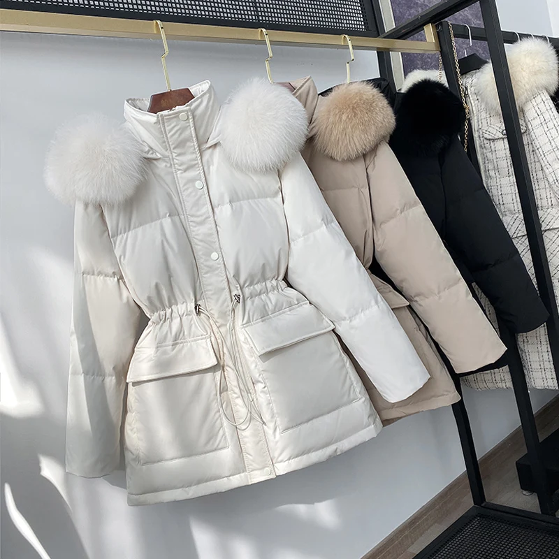 

Winter Coat Women Large Natural Fox Fur Hooded 90% Duck Down Jacket Female Slim Parkas Sash Tie Up Zipper Feather Streetwear
