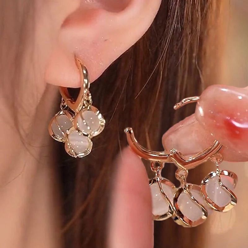 

Japanese Korean Temperament Dangle Earrings for Women Girls Delicate Spherical Opal Studs Earrings Geometric Hollow Drop Earring