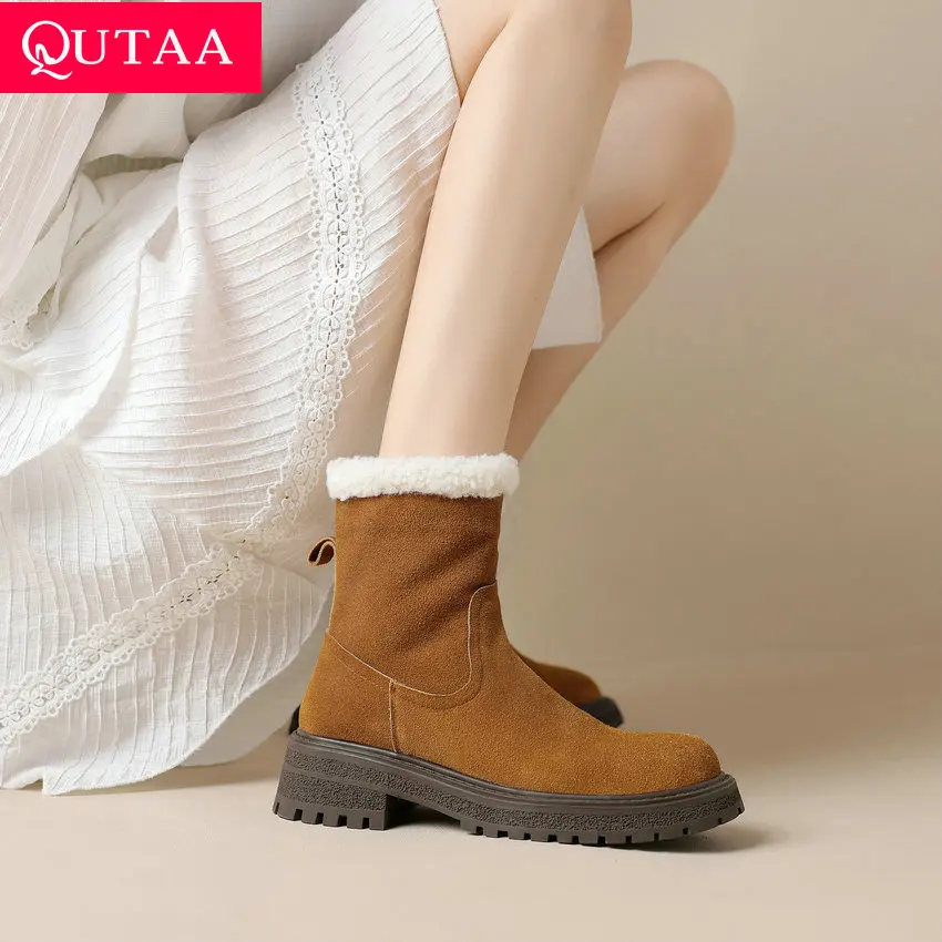 

QUTAA 2024 Winter Warm Snow Boots Women Ankle Boots Fur Cow Suede Leather Med Heel Shoes Woman Outdoor Casual Working Size 34-40