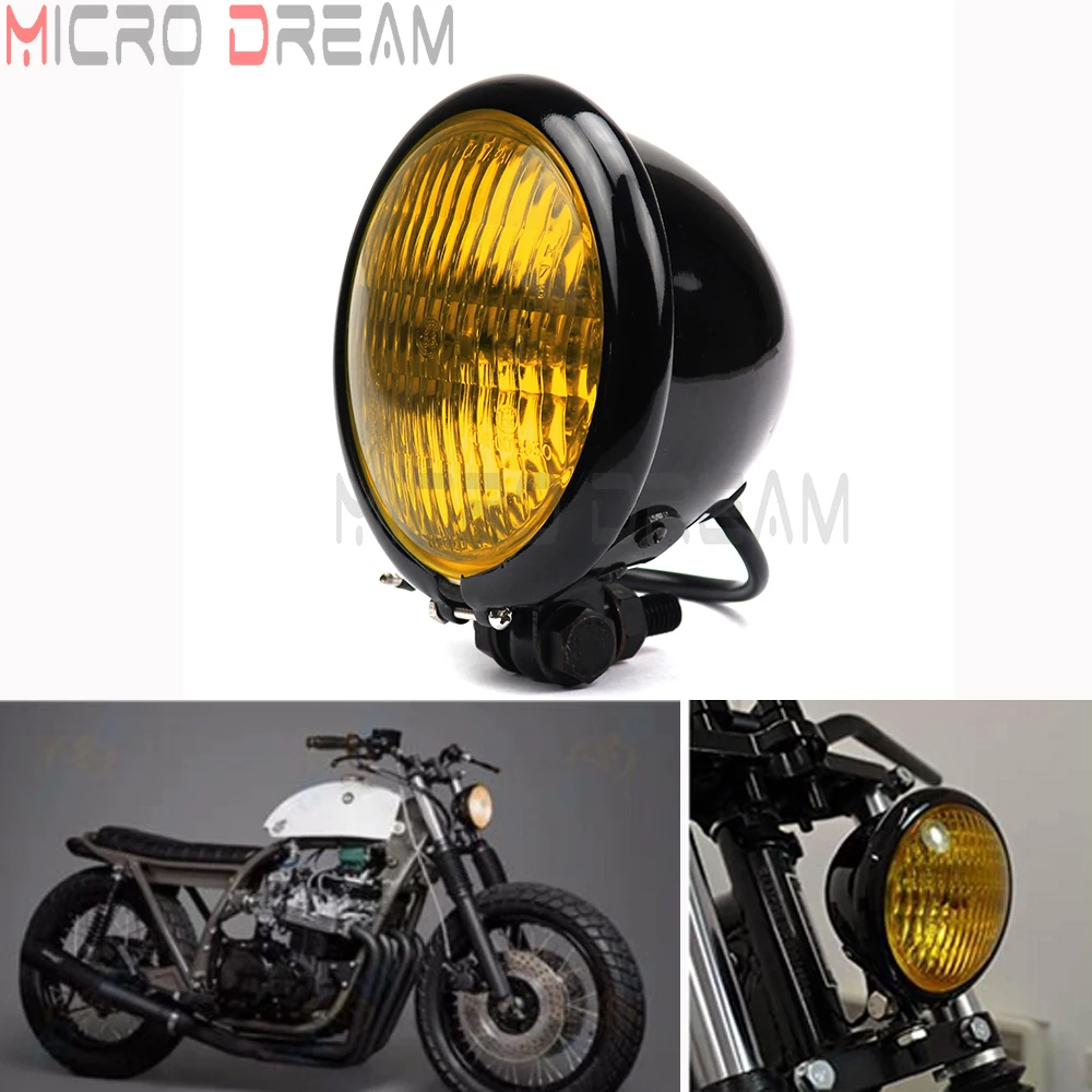 

Cafe Racer Black Yellow Glass 4.5" Vintage Retro Headlight Motorcycle For Tri XS650 Bobber Chopper Road King Sportster Iron 883