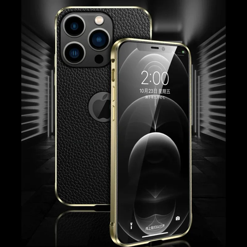 Тонкий чехол из натуральной кожи в стиле ретро для Apple iPhone 13 Pro Max металлический