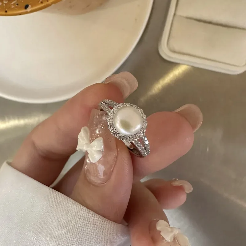Классическое кольцо из чистого серебра S925 женское стильное с блестящим жемчугом