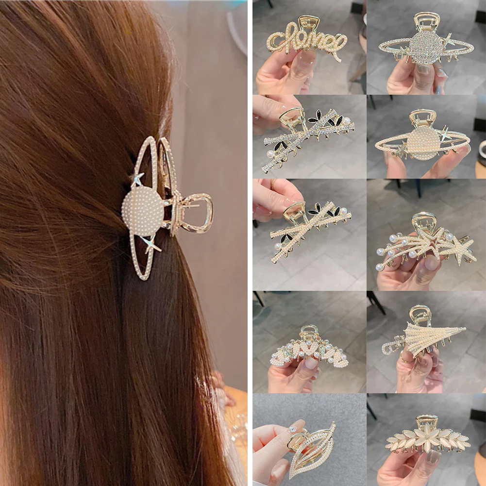 

Korean Fashion Temperament Pearl Rhinestone Star Letter Medium Grab Clip Metal Umbrella Geometric Leaves Ins Shark Clip Hair