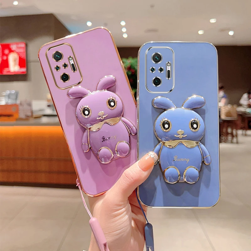Cute Cartoon Rabbit Fold Stand For Xiaomi Redmi Note 10 Pro Max Phone Case With Lanyard Luxury Plating Cover