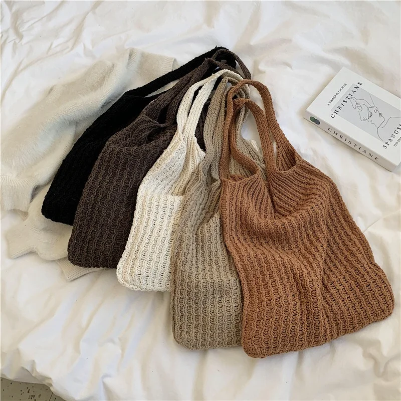 

Wool Knitted Shoulder Shopping Bag for Women Vintage Cotton Cloth Girls Tote Shopper Bag Large Female Handbag Crochet Bag 2023