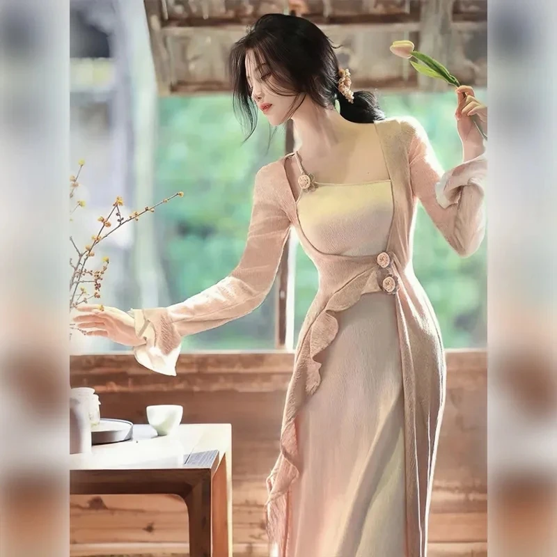 

Элегантное винтажное платье миди, летнее женское повседневное необычное цельнокроеное однотонное вечернее длинное платье в Корейском стиле, одежда