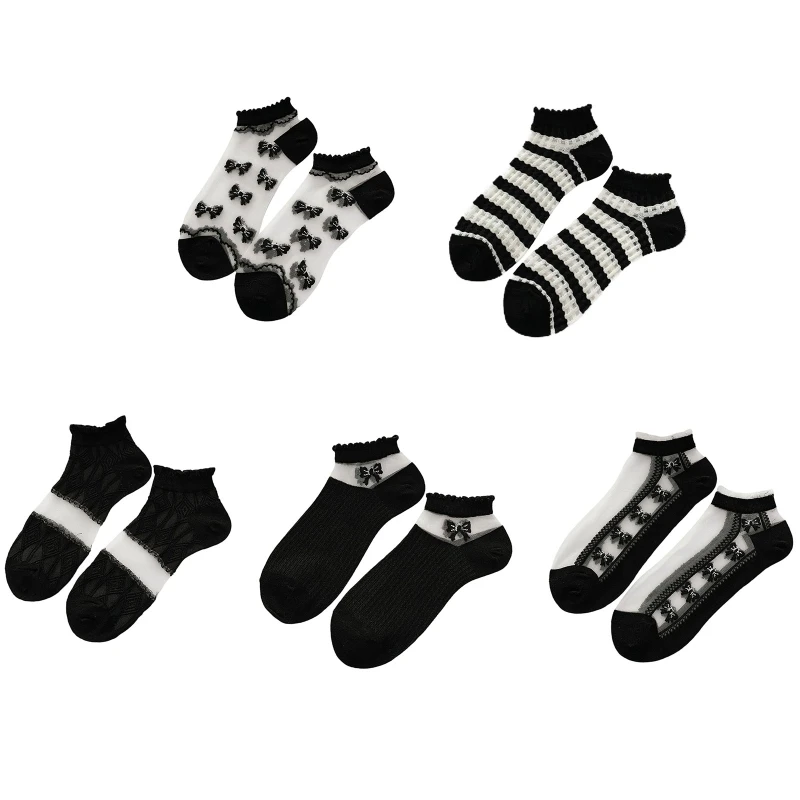 

C6UD Women Cotton Sheer Glass Fiber Splicing Bowknot Pattern Short Ankle Boat Socks