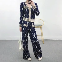 kohuijoo wool knitted two piece suits for women british style plaid vintage printed sweater wide leg pants set women casual