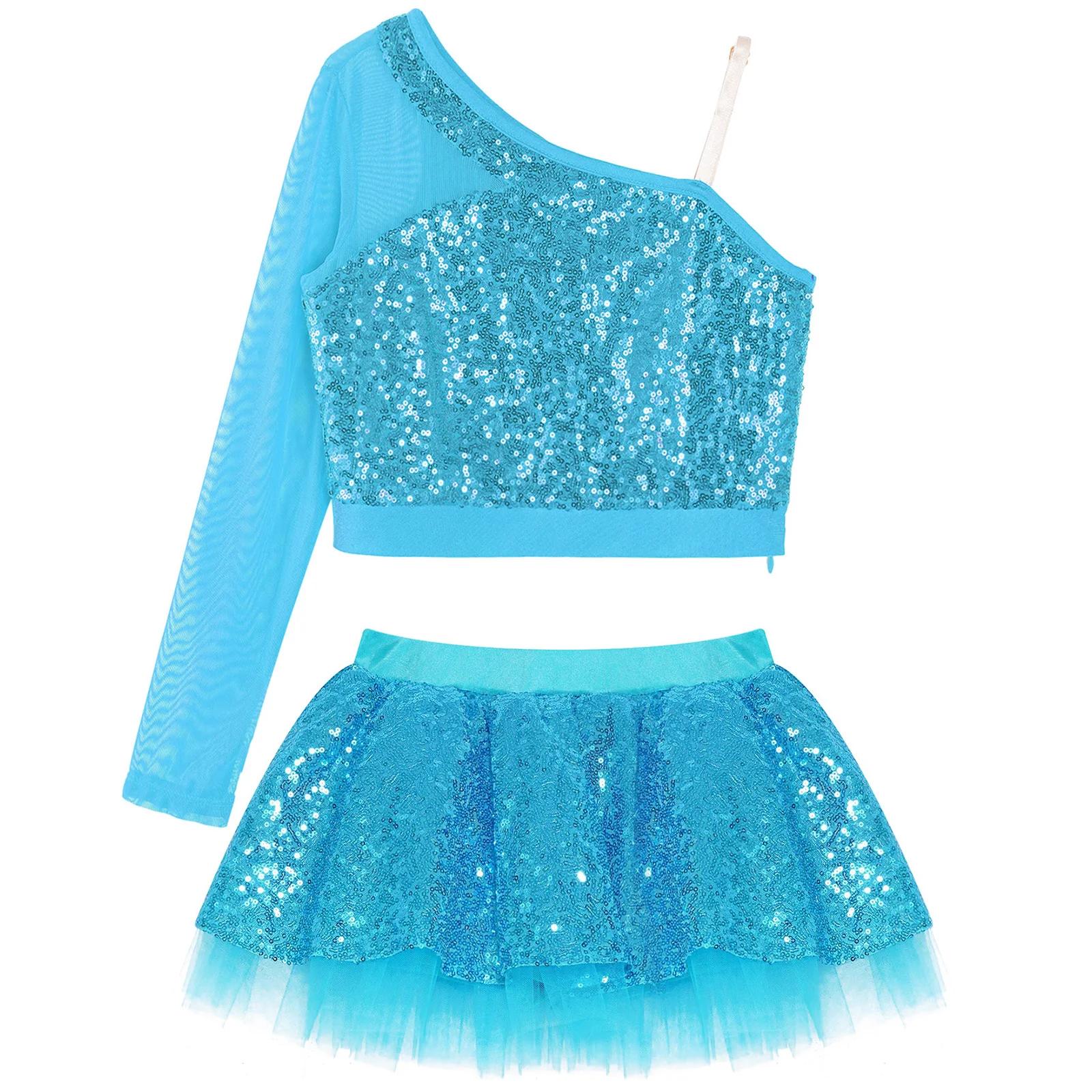 Детский костюм для девочек короткий топ на одно плечо с блестками и юбка оборками