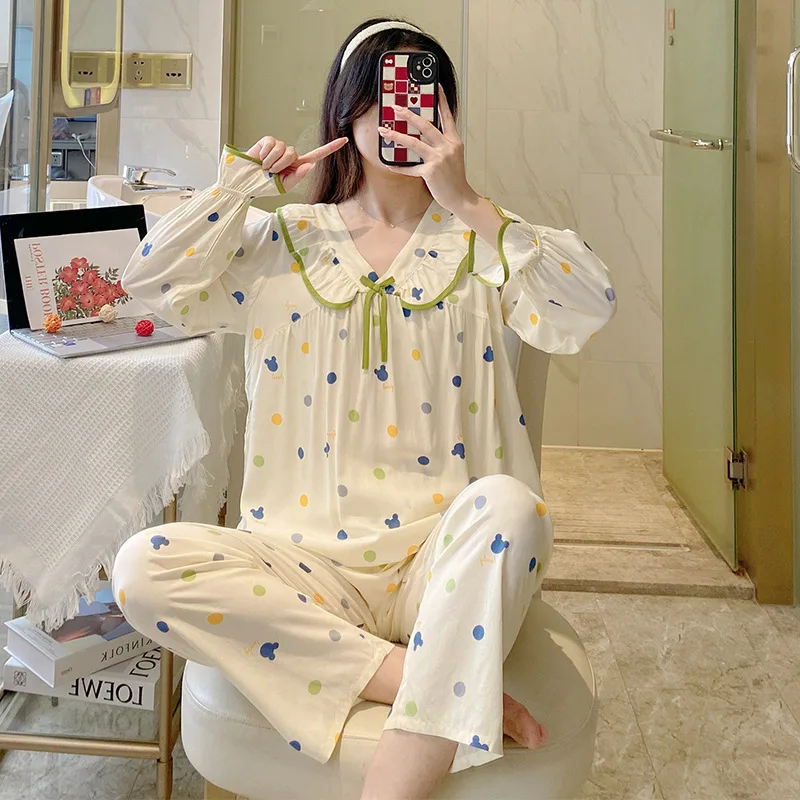 2023 Spring and Summer New Pajamas Women's Long-sleeved Trousers Cotton Silk Suit Petal V-neck Quality Home Service